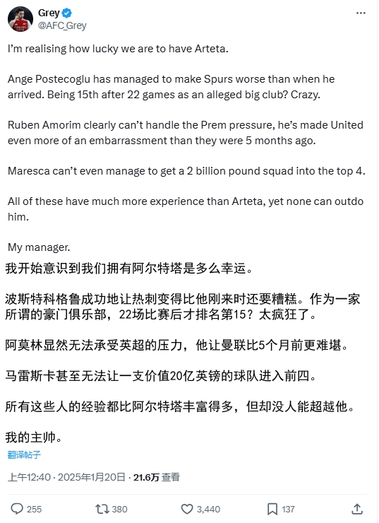 保塔！槍迷：澳波阿莫林馬雷斯卡經(jīng)驗都比塔帥豐富，卻沒人超越他